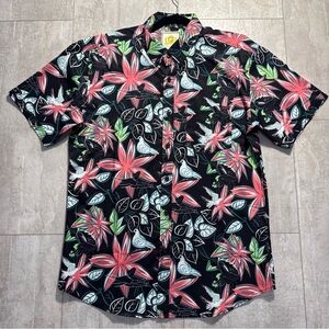 RSVLTS Men's Black Floral Short-Sleeve Shirt Pink & Green Tom Ace KUNUFLEX Sz L
